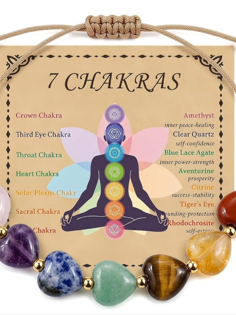 7 Chakras Heart Gemstone Bracelet - Multicolor Adjustable Cord